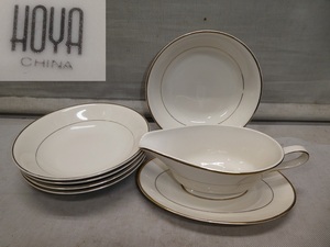 ●HOYA CHINA 金縁 カレーポット カレー皿5枚セット ソースポット シチュー皿●レトロ