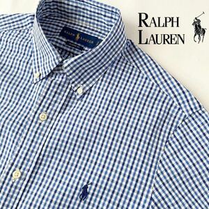 (美品 ラルフローレン RALPH LAUREN ボタンダウン シア サッカー ギンガムチェック 長袖 シャツ SP 170/92A (日本M) ネイビー ホワイト 