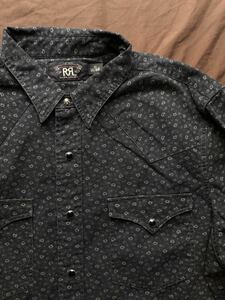 【名作】極美品 RRL RANCHER WESTERN SHIRT ダブルアールエル ブラックインディゴ 総柄 ブラック ウエスタン シャツ 激渋 L〜XL