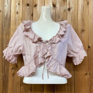 美品☆PINKHOUSE ＊ピンクハウス ■ 半袖ローンボレロ フリル仕様 綿ローンカーディガン 羽織り ピンク