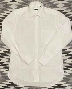 コットン裾マチ付きアンティーク背プリーツ格子地柄チェック織り柄ドレスシャツM:38サイズ生成ナチュラル白ワイシャツ上位種ビンテージ仕様