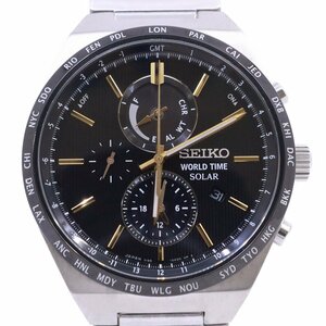 SEIKO セイコー スピリット ワールドタイム ソーラー メンズ 腕時計 黒文字盤 純正SSベルト V195-0AE0【いおき質店】