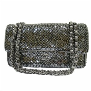 ほぼ未使用 CHANEL シャネル スパンコール フラップ ダブルチェーン ショルダーバッグ 25cm 11番台 シルバー ◆