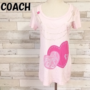 【人気】COACH/コーチ POPPY ポピー ビッグロゴ プリントロゴ ハート チェーン Tシャツ ピンク サイズS レディース/8515