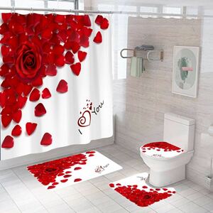 新品　シャワーカーテン　トイレカバー　浴室マット　バラ　薔薇　赤　4点セット　防カビ　撥水　雰囲気　飾り　軽量 速乾　バス用品