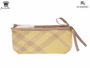 【Used 未使用】バーバリー Burberry BEAUTY コスメポーチ マチあり バーバリーチェック メタリックゴールド ラメ入り リボン付き 元箱有り