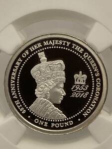 【TOP POP 世界鑑定1枚】エリザベス女王戴冠65周年 PF69UC 2018 HM Queen ElizabethⅡ Coronation 65th Anniv. 銀貨 1￡ モダンコイン