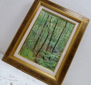 (☆BM)T.Shibata 作 油彩 F４/森林 風景画 緑 自然画 縦48.5×横幅39㎝ 油絵 絵画 クラッシック グリーン