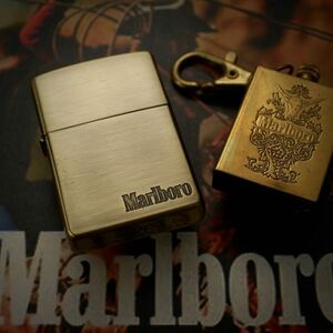 【 特別出品 】1円スタート 未使用 2001年 Marlboro Zippo マールボロジッポー Antique Brass 真鍮古美 キーホルダー付 