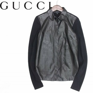 ●GUCCI グッチ レザー 切替 シルク＆カシミヤ ニット シャツ カーディガン 黒 ブラック XS