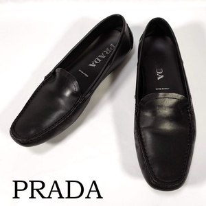 美品 PRADA プラダ ビジネスシューズ ブラック 黒 レザー 革靴 24.5cm 表記37 1/2 ドライビングシューズ モカシン フラット パンプス