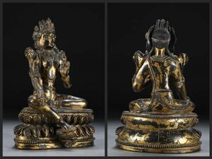 【瓏】古銅彫 塗金緑度母坐像 明時代 大明永楽年施款 古置物擺件 銅仏像 仏教文化 蔵出