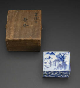 青花山水盖盒 大明成化年制款 共箱 古染付 祥瑞 香合 茶道具 中国 古美術