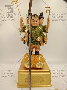 極上品 総檜材 木彫仏像 仏教美術 精密細工 仏師で仕上げ品　切金 彩色 三面大黒天立像 高さ40cm