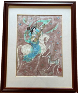 真作保証 官其格 「牧馬図」 中国画家 肉筆 墨彩画 額付絵画 額装 中国 美術 油彩 水墨 水彩 蒙古 モンゴル〇国際中国美家会常務主席