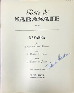 サラサーテ ナヴァラ Op.33 (2ヴァイオリン＋ピアノ) 輸入楽譜 Sarasate Navarra for 2 violins & piano 洋書