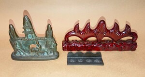 中国 工芸品 筆置 ３個セット 古銅製 唐木製 真鍮製 書家の愛蔵品 古玩 中国美術 机上の友