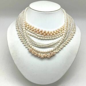 ［淡水パールネックレス5点おまとめ］m 重量約120g 真珠 ポテト ケシ 5連 アクセサリー necklace Perl pink orange silver DA0