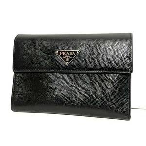 1円スタート！ 超美品 PRADA プラダ サフィアーノ ブラック 三つ折り財布 財布 ウォレット レザー メンズ レディース 黒 三角ロゴ 