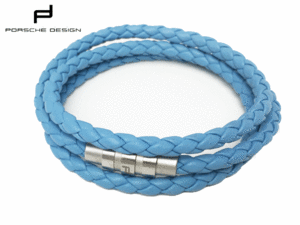 ポルシェデザイン Grooves BLUE Triple Bracelet PDロゴ入り ブルー系 イントレチャート 編み込み レザー 3連 ブレスレット