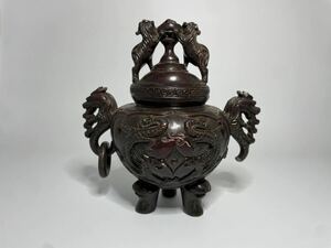 唐物 三足獅子頭香炉 獅子摘み香炉 中国美術 工芸品 置物 オブジェ 香道具 時代物 中国古玩 アンティーク 