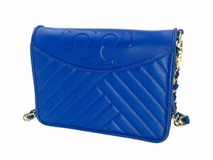 【美品】TORY BURCH トリバーチ ショルダーバッグ レディース ブルー 青 レザー 鞄 スクエア 肩掛け ポシェット ロゴ キラ シェブロン