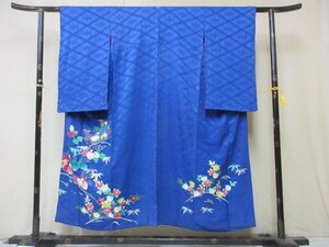 1円 良品 正絹 着物 訪問着 錦紗縮緬 式典 和装 アンティーク 青 橘 桐 菊 草花 枝花 枝葉 高級 袷 身丈139cm 裄63cm ◆逸品◆【夢職】★★