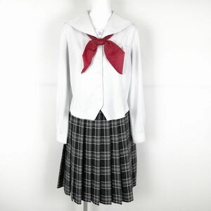 1円 セーラー服 チェックスカート スカーフ 上下3点セット 大きいサイズ 中間服 女子 学生服 鹿児島高校 白 制服 中古 ランクC NA3193