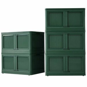 収納ボックス 5個セット （クリア+ホワイト） 収納ケース 折りたたみ ５面開き 積み重ね 蓋付き 扉付き 組み立て簡単 Green