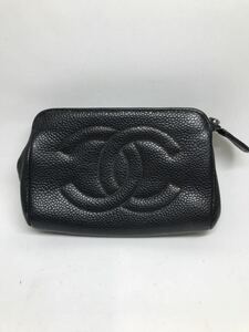 1-240320-51 CHANEL キャビアスキン ココマーク ポーチ 黒 