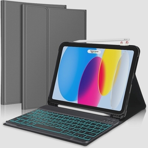 送料無料★iPad 第10世代 キーボードケース 10.9インチBluetooth 7色バックライト カバー 手帳型 (グレー)