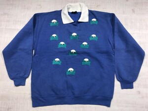 USA製 BDTI オールド スポーツ アメカジ カントリー 90s 古着 エイリアン覗きデザイン 襟付き 刺繍 スウェット トレーナー レディース L 青