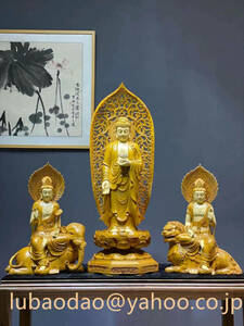 新作　華厳三聖像 釈迦如来 文殊菩薩 普賢菩薩 香樟材　木彫仏教　仏師で仕上げ品 精密彫刻 