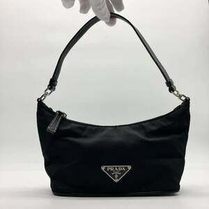 1円〜 【美品】 PRADA プラダ アクセサリーポーチ ハーフムーン　ハンドバッグ ブラック　ナイロン　レザー　ミニ　