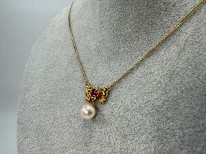 【0433】ヴィンテージ アクセサリー　　　　　　　　　真珠　ダイヤモンド　ルビー　K18 0.06ネックレス　　1円から