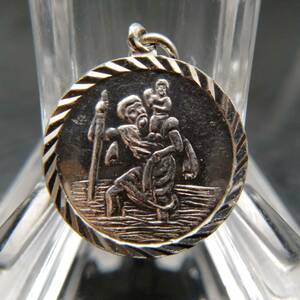 ヴィンテージ シルバー ペンダント コイン チャーム 彫金 銀 男性 子供 St Christopher 聖人 宗教 メダル キリスト ① T9