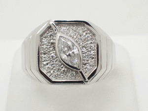 PT900 天然ダイヤモンド 印台 リング マーキスカットダイヤ 0.694ct メレダイヤ0.29ct サイズ＃25号強 重量27.1g 新品仕上げ済 美品　