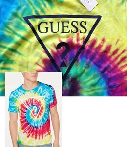 【既決USA】GUESS Los Angeles ・ ゲス ロサンゼルス@完売胸元【GUESS】ロゴ入半袖Tシャツ【GUESS Tie-Dye Rainbow Graphic Logo Tee】@XL