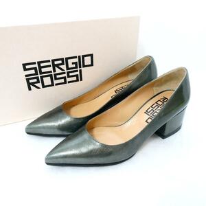 極美品 Sergio Rossi セルジオロッシ サイズ35 約22㎝ ポインテッドトゥ チャンキーヒール パンプス エナメル パテントレザー グリーン 緑