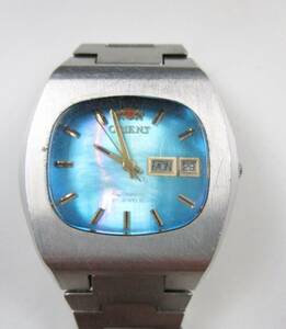 《阡》ORIENT オリエント 自動巻き メンズ腕時計 デイデイト 27石 ブルー TS429-65040 純正ベルト 実働品 レア アンティーク