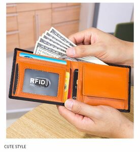 二つ折り財布 メンズ財布 本革 スキミング防止 カーボン レザー ボックス型 小銭入れ RFID 薄型 オレンジ ブラック 橙色 黒 Y0466