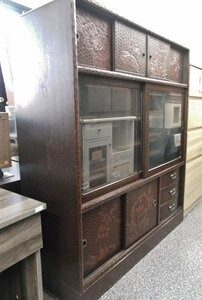 中古美品 伝統工芸 鎌倉彫 水屋箪笥 飾り棚 茶箪笥 食器棚 サイドボード