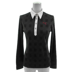 プーマ PUMA ポロシャツ 長袖 ロゴ刺繍 DRY CELL 総柄 ブラック 黒 グレー ホワイト 白 M レディース