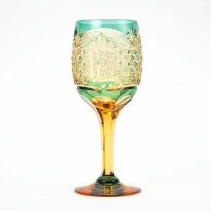 送料無料 江戸切子アンバークリスタルワイングラス（緑）伝統工芸品 ワイングラス（83）