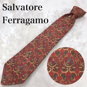 未使用 Salvatore Ferragamo ネクタイ 赤 レッド 植物 人間 フェラガモ