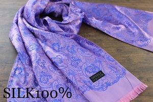 新品 薄手【シルク100% SILK】ペイズリー花柄 シャインピンク×シャインブルー S.PINK×S.BLUE ゴールド GOLD 金 スカーフ/ストール