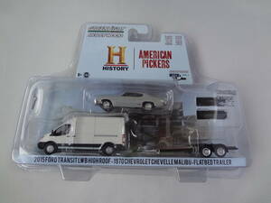 グリーンライト　GREENLIGHT　1/64　2015 FORD TRANSIT LWB HIGHROOF・1970 CHEVROLET CHEVELLE MALIBU FLATBED TRAILER HISTORY フォード