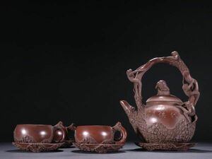 【瓏】紫砂彫 五代封侯茶壺茶杯一套 鳴遠銘 清時代 中国陶磁器 後手急須 茶壷 茶道具 置物 蔵出