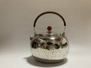 時代 純銀製 北村静香造 丸形 藤巻提手 口打出湯沸 工芸品 古美術品 銀瓶 煎茶道具