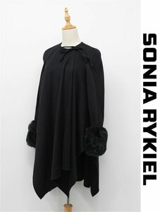 HGC-J295/美品 ヴィンテージ フランス製 SONIA RYKIEL コート ジャケット フェイクファー ノーカラー ドレープ 羽織り 38 M 黒 モード